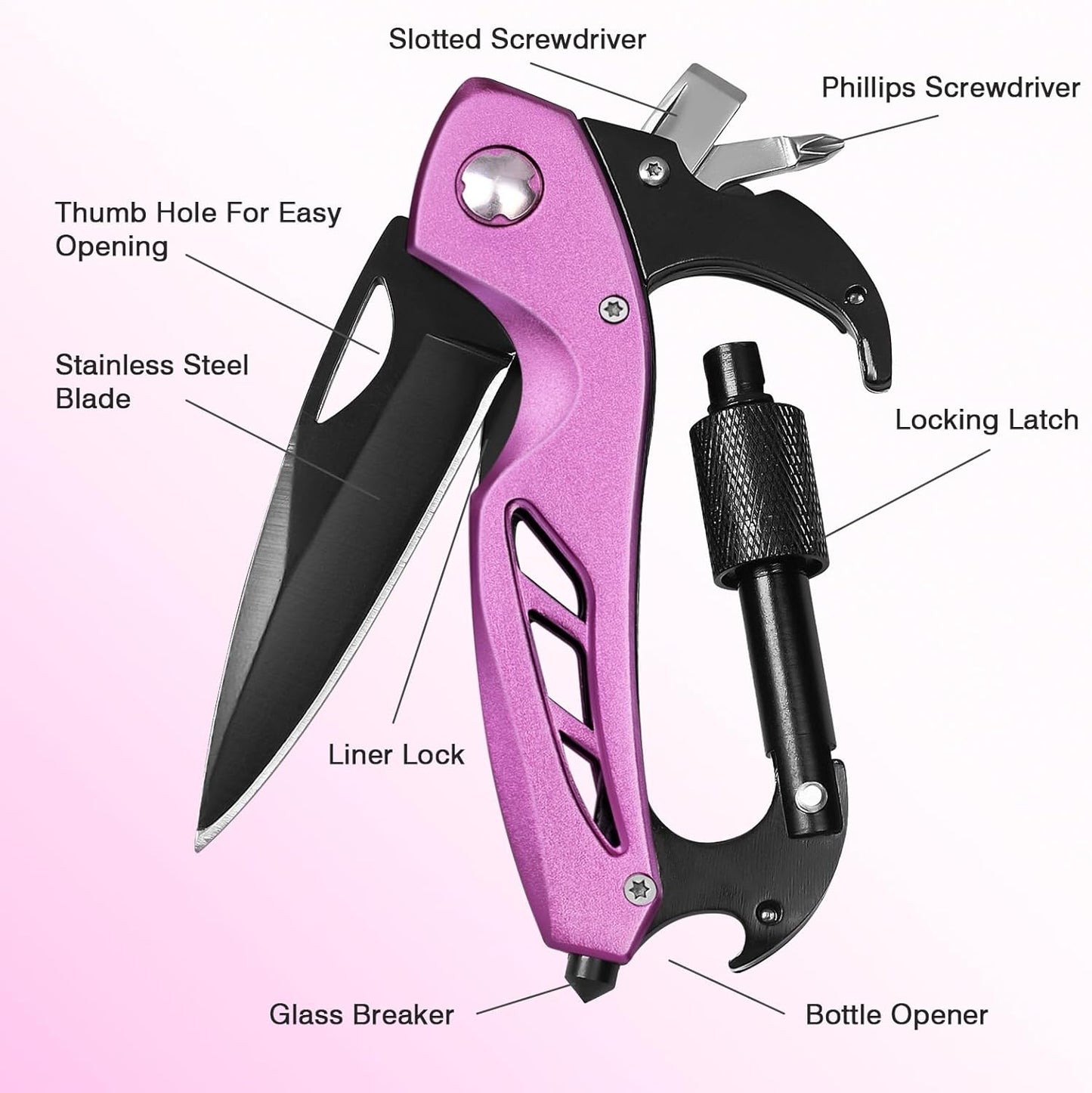Multitool Carabiner with Pocket Knife, Bottle Opener | Stocking Stuffers Gifts for Men, EDC Carabiners with Folding Knives, Window Breaker and Screwdriver, Gear for Camping Hiking