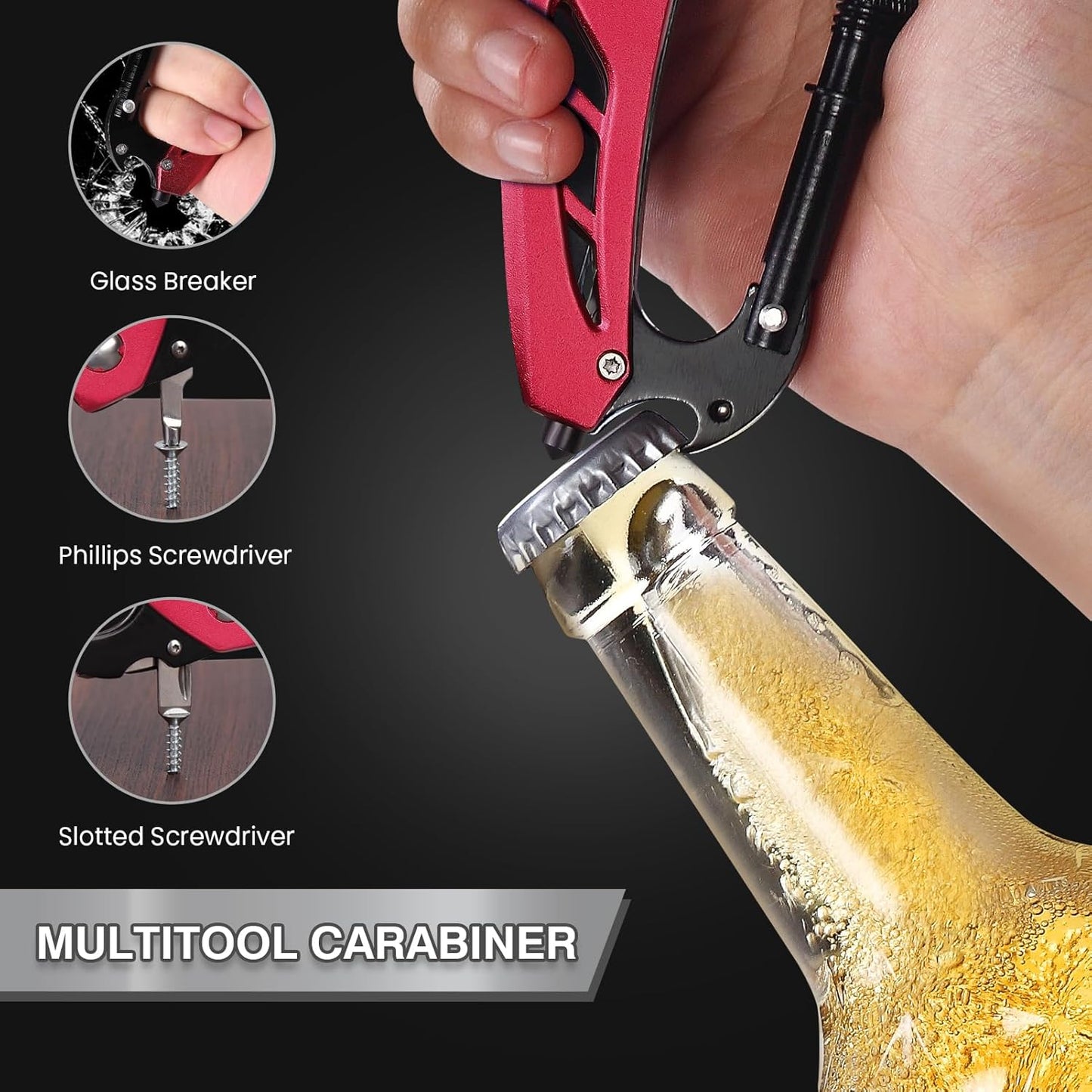 Multitool Carabiner with Pocket Knife, Bottle Opener | Stocking Stuffers Gifts for Men, EDC Carabiners with Folding Knives, Window Breaker and Screwdriver, Gear for Camping Hiking