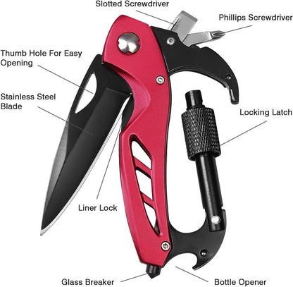 Multitool Carabiner with Pocket Knife, Bottle Opener | Stocking Stuffers Gifts for Men, EDC Carabiners with Folding Knives, Window Breaker and Screwdriver, Gear for Camping Hiking