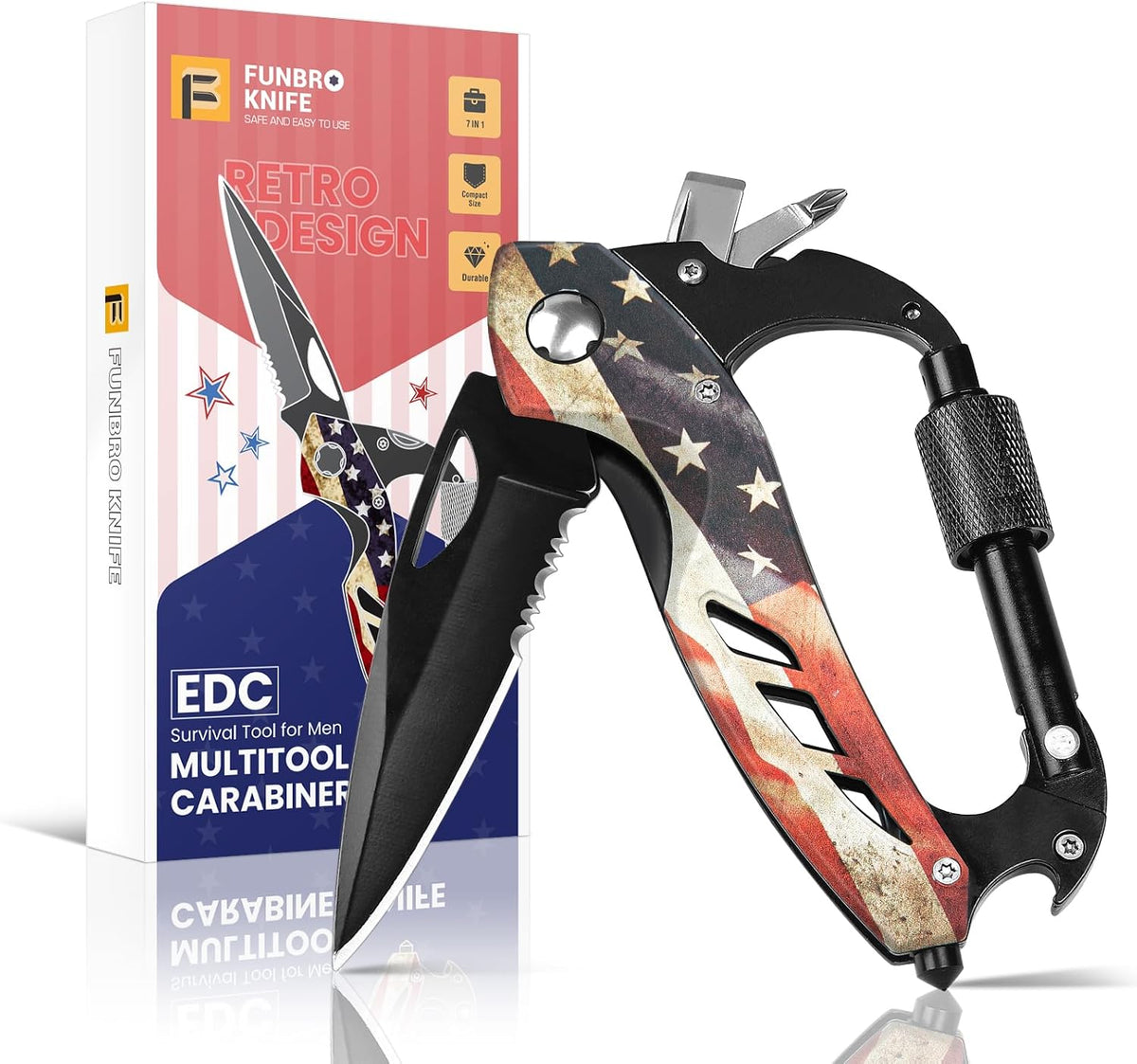Multitool Carabiner with Pocket Knife, Bottle Opener | Stocking Stuffers Gifts for Men, EDC Carabiners with Folding Knives, Window Breaker and Screwdriver, Gear for Camping Hiking