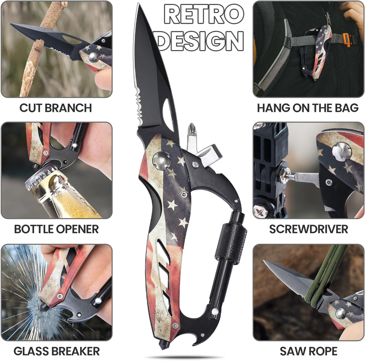 Multitool Carabiner with Pocket Knife, Bottle Opener | Stocking Stuffers Gifts for Men, EDC Carabiners with Folding Knives, Window Breaker and Screwdriver, Gear for Camping Hiking