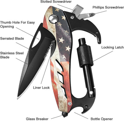 Multitool Carabiner with Pocket Knife, Bottle Opener | Stocking Stuffers Gifts for Men, EDC Carabiners with Folding Knives, Window Breaker and Screwdriver, Gear for Camping Hiking