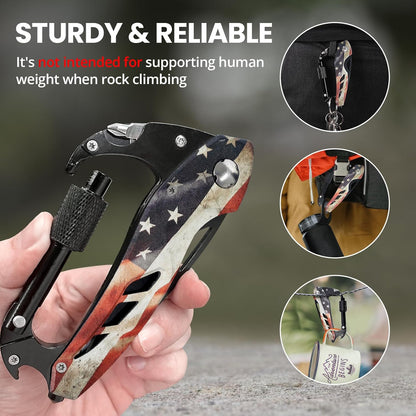 Multitool Carabiner with Pocket Knife, Bottle Opener | Stocking Stuffers Gifts for Men, EDC Carabiners with Folding Knives, Window Breaker and Screwdriver, Gear for Camping Hiking