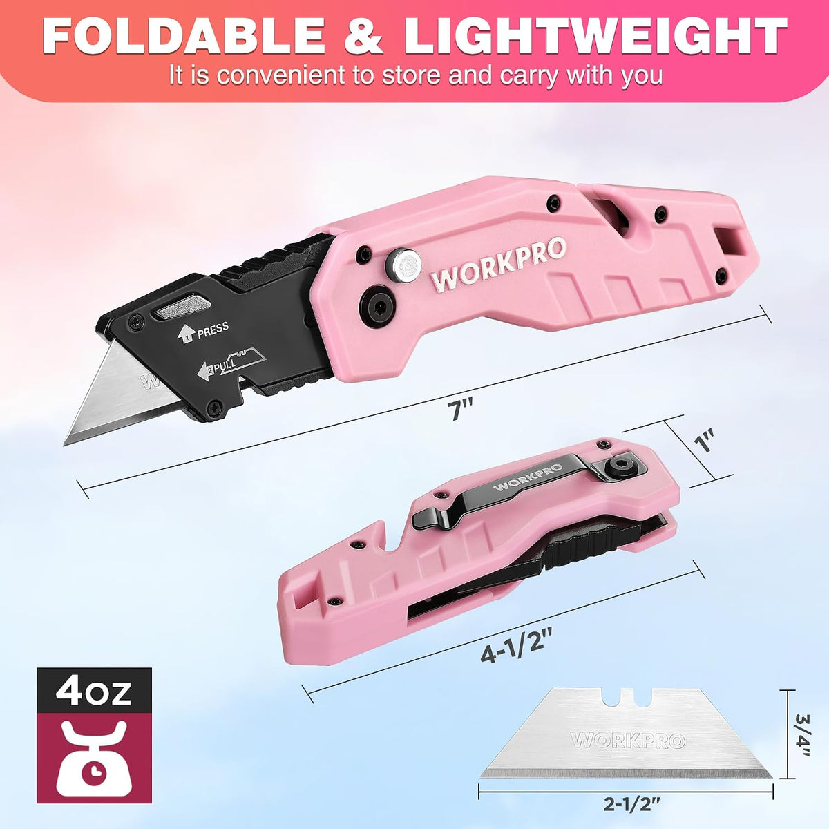 Folding Utility Knife, Quick Change Box Cutter, Pink