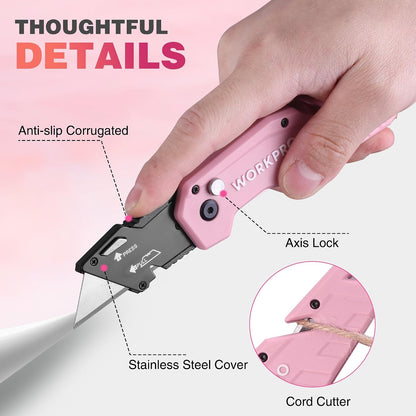 Folding Utility Knife, Quick Change Box Cutter, Pink