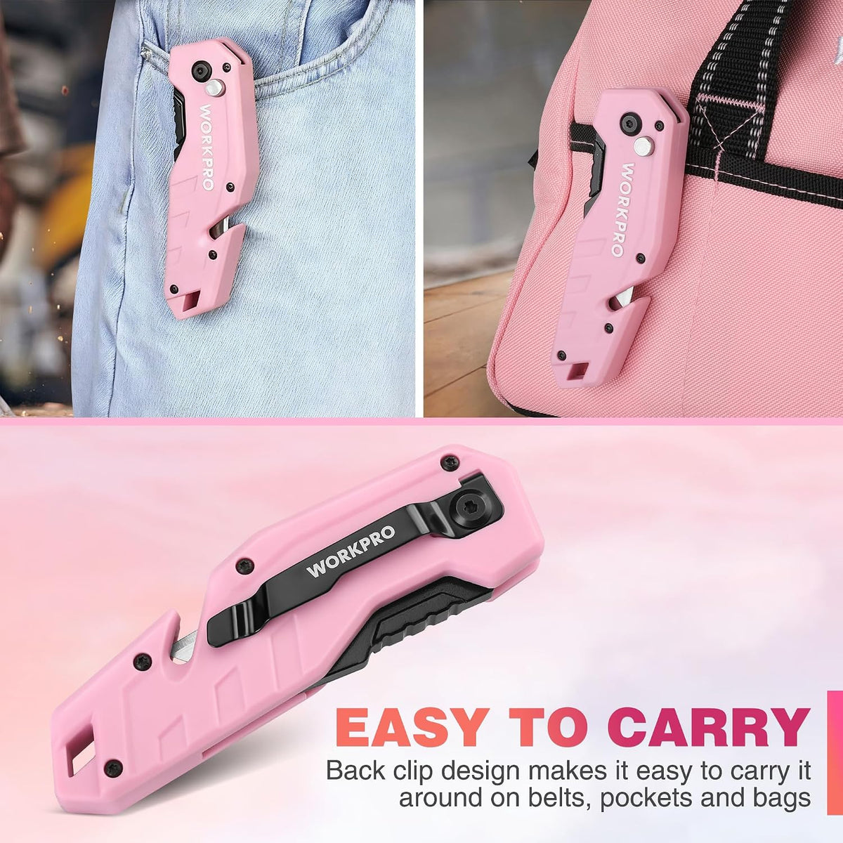 Folding Utility Knife, Quick Change Box Cutter, Pink