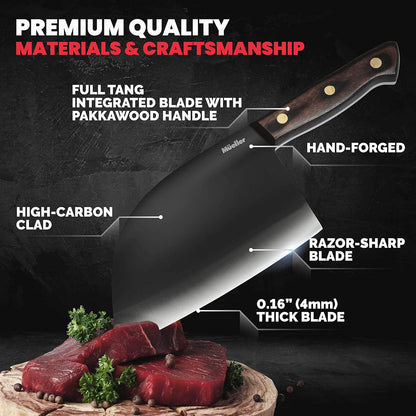 Mueller Outstanding Ancient Forged Serbian Meat Cleaver Knife 6.7” Full Tang, High-Carbon Steel Chef Knife, Pakkawood Handle, Kitchen Knives, Set with Leather Sheath, Butcher