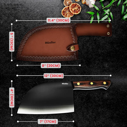 Mueller Outstanding Ancient Forged Serbian Meat Cleaver Knife 6.7” Full Tang, High-Carbon Steel Chef Knife, Pakkawood Handle, Kitchen Knives, Set with Leather Sheath, Butcher