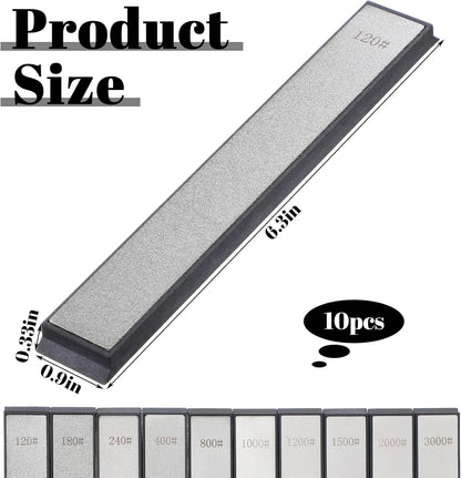 10 PCS Diamond Knife Sharpening Stones Set – 120# to 3000# Grit, Professional Whetstone Kit for Ruixin Sharpeners & Handheld Use – Non-Slip Base, Durable Diamond Plates for Kitchen & Outdoor Tools