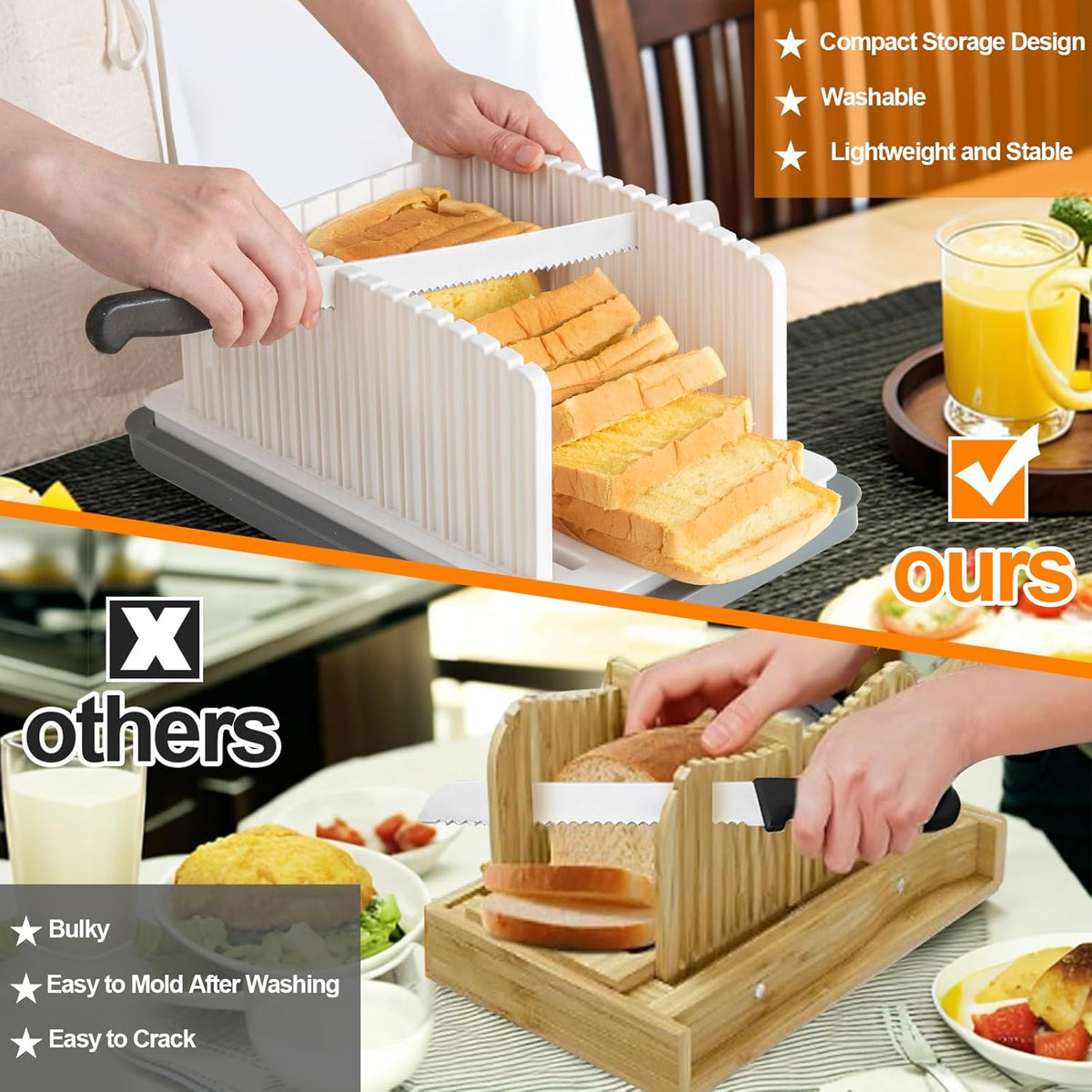 Heavily Upgraded Bread Slicer for Homemade Bread, Foldable plastic bread slicer, Adjustable width and guide rail, Suitable for homemade bread, sandwiches, bagels and cakes, Dishwasher Safe