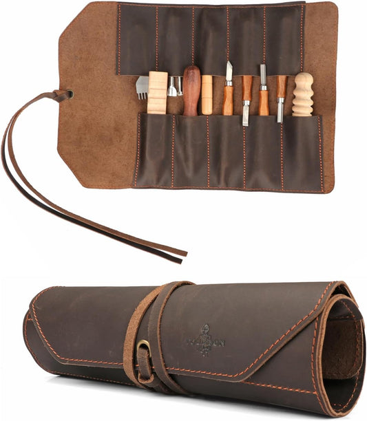 Full Leather Knife Roll Carving Tool Organizer Craft Carrier Storage Bag Case with 10 Slots