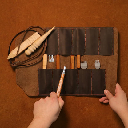 Full Leather Knife Roll Carving Tool Organizer Craft Carrier Storage Bag Case with 10 Slots