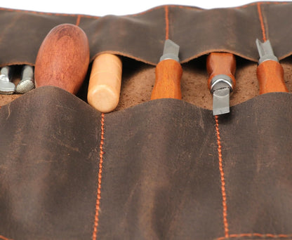 Full Leather Knife Roll Carving Tool Organizer Craft Carrier Storage Bag Case with 10 Slots