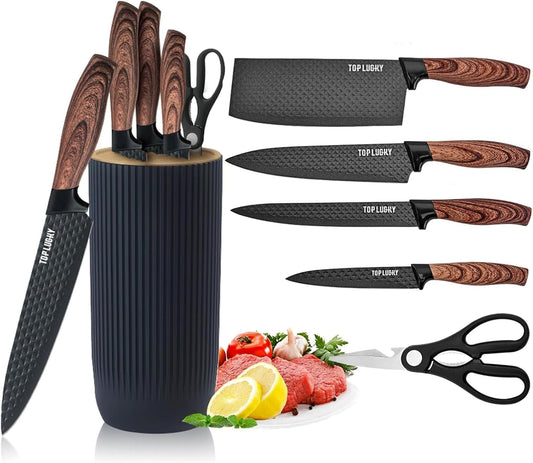 Black Knife Set, 6 Pieces Professional Kitchen Knife Set with Universal Knife Block, Super Sharp Knife Block Set with Ergonomic Handle Non-stick Stainless Steel Knife Block Set (Black)