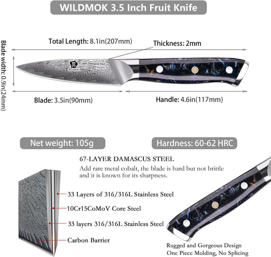 Damascus Paring Knife, 3.5 Inch Japanese 67-layers Damascus Steel, Professional Paring Knife, Ultra Sharp Blade Cooking Utility Knife, Full Tang Ergonomic Resin Handle