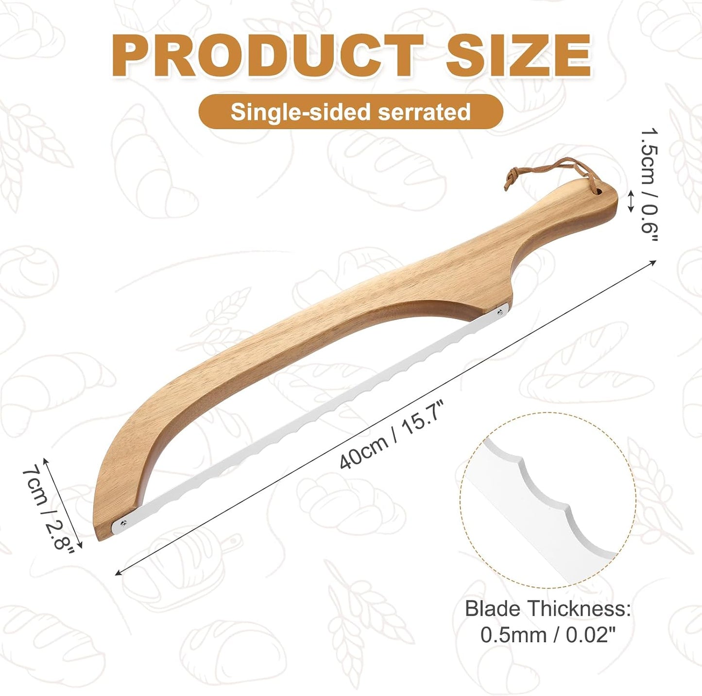Bread Bow Knife, 16" Sourdough Knife with Cover Wooden Bread Slicer Stainless Steel Single-Sided Serrated Cutter for Homemade Bagels Baking, Deep Teak