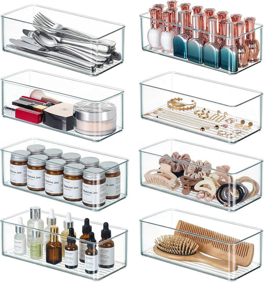 8 PACK Drawer Organizers Deep Drawer Organizer Bins Silverware Organizer Clear Stackable Storage Bins for Bathroom, Pantry, Office, Vanity, Desk Organization and Storage