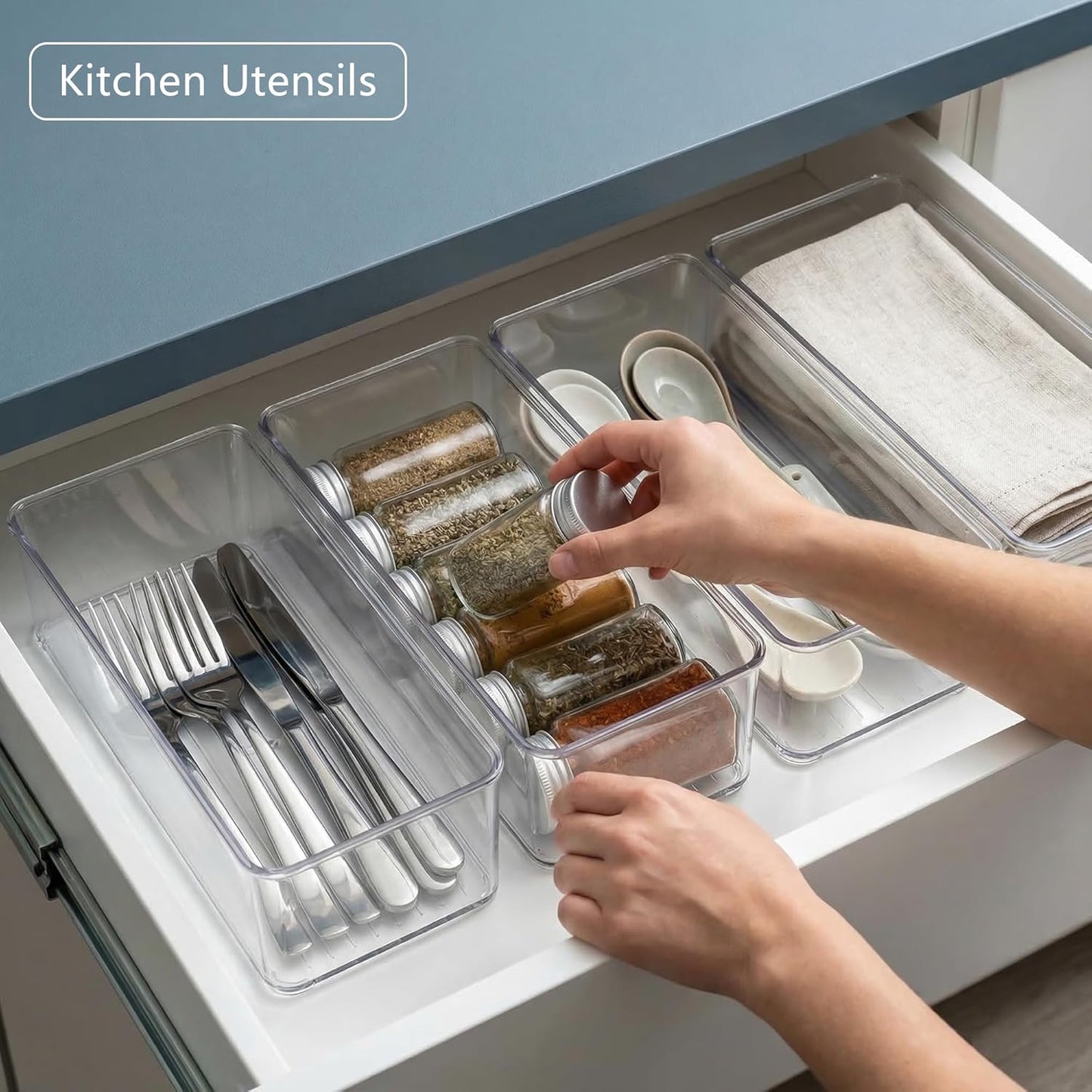 8 PACK Drawer Organizers Deep Drawer Organizer Bins Silverware Organizer Clear Stackable Storage Bins for Bathroom, Pantry, Office, Vanity, Desk Organization and Storage