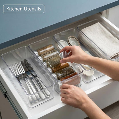 8 PACK Drawer Organizers Deep Drawer Organizer Bins Silverware Organizer Clear Stackable Storage Bins for Bathroom, Pantry, Office, Vanity, Desk Organization and Storage