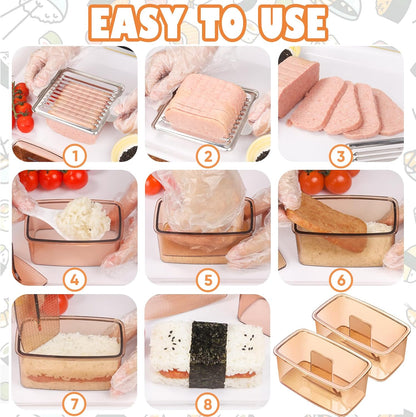Musubi Press Mold, 2 Pack Onigiri Mold Hawaiian Musubi Maker Kit with 304 Stainless Steel Luncheon Meat Slicer for SPAM
