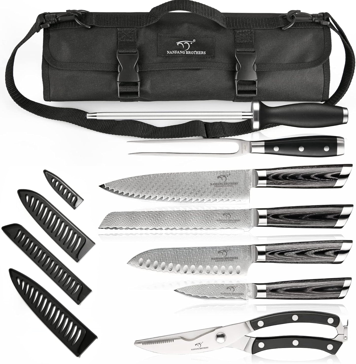 Chef Knife Set with Roll Bag, 8 Pieces Damascus Knife Set with VG10 Core Blades, 67-Layer Damascus Steel with Portable Oxford Cloth Storage Bag, Blade Guards, Camping Essentials