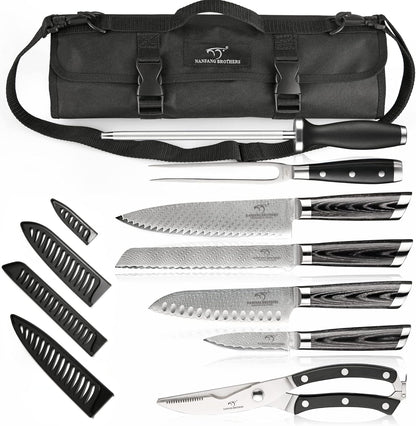 Chef Knife Set with Roll Bag, 8 Pieces Damascus Knife Set with VG10 Core Blades, 67-Layer Damascus Steel with Portable Oxford Cloth Storage Bag, Blade Guards, Camping Essentials