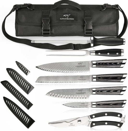 Chef Knife Set with Roll Bag, 8 Pieces Damascus Knife Set with VG10 Core Blades, 67-Layer Damascus Steel with Portable Oxford Cloth Storage Bag, Blade Guards, Camping Essentials