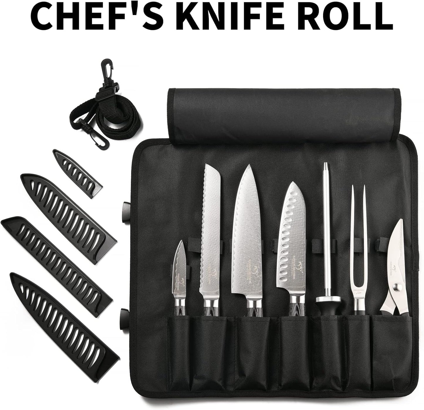 Chef Knife Set with Roll Bag, 8 Pieces Damascus Knife Set with VG10 Core Blades, 67-Layer Damascus Steel with Portable Oxford Cloth Storage Bag, Blade Guards, Camping Essentials