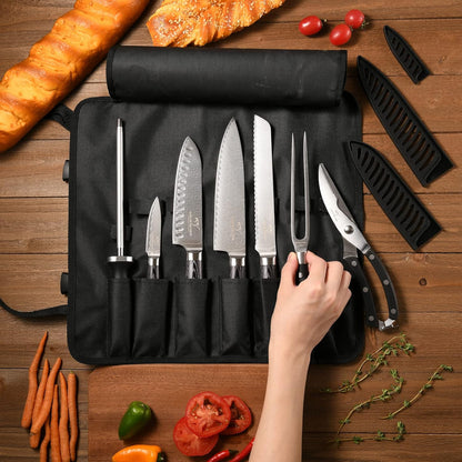 Chef Knife Set with Roll Bag, 8 Pieces Damascus Knife Set with VG10 Core Blades, 67-Layer Damascus Steel with Portable Oxford Cloth Storage Bag, Blade Guards, Camping Essentials