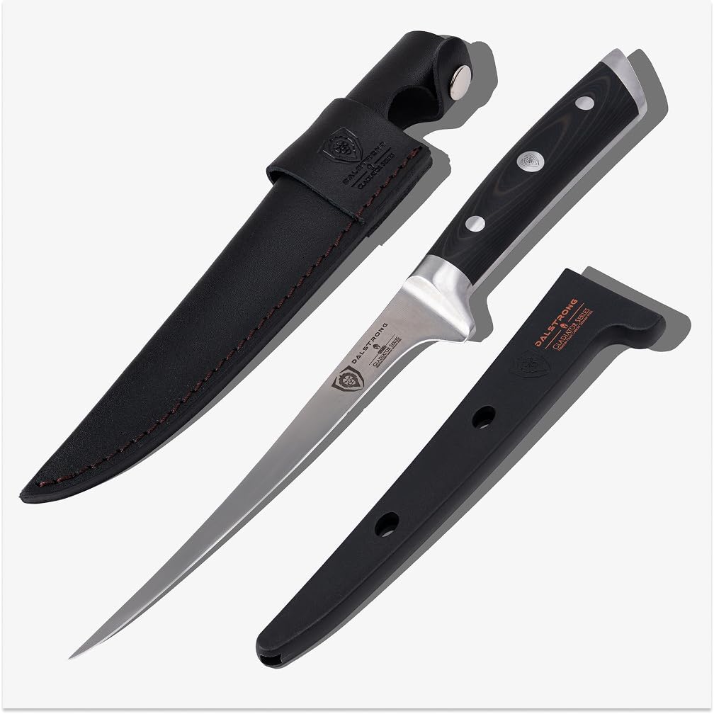 Fillet Knife - 7 inch Flexible Blade - Gladiator Series Elite - High Carbon German Steel - Black G10 Handle Boning Knife - w/Two Sheaths - Razor Sharp Kitchen Knife Gift - NSF Certified