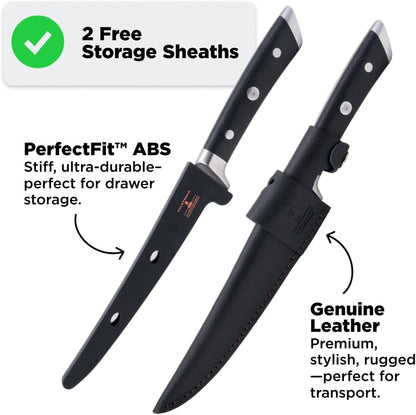 Fillet Knife - 7 inch Flexible Blade - Gladiator Series Elite - High Carbon German Steel - Black G10 Handle Boning Knife - w/Two Sheaths - Razor Sharp Kitchen Knife Gift - NSF Certified