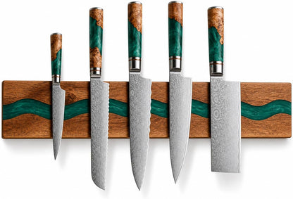 Magnetic Knife Holder, 15.7 Inch Walnut Wood and Resin Magnetic Knife Bar for Wall, Heavy Duty Magnet Holds 8 Knives, Handcrafted Deep Green (Emerald Enchant)