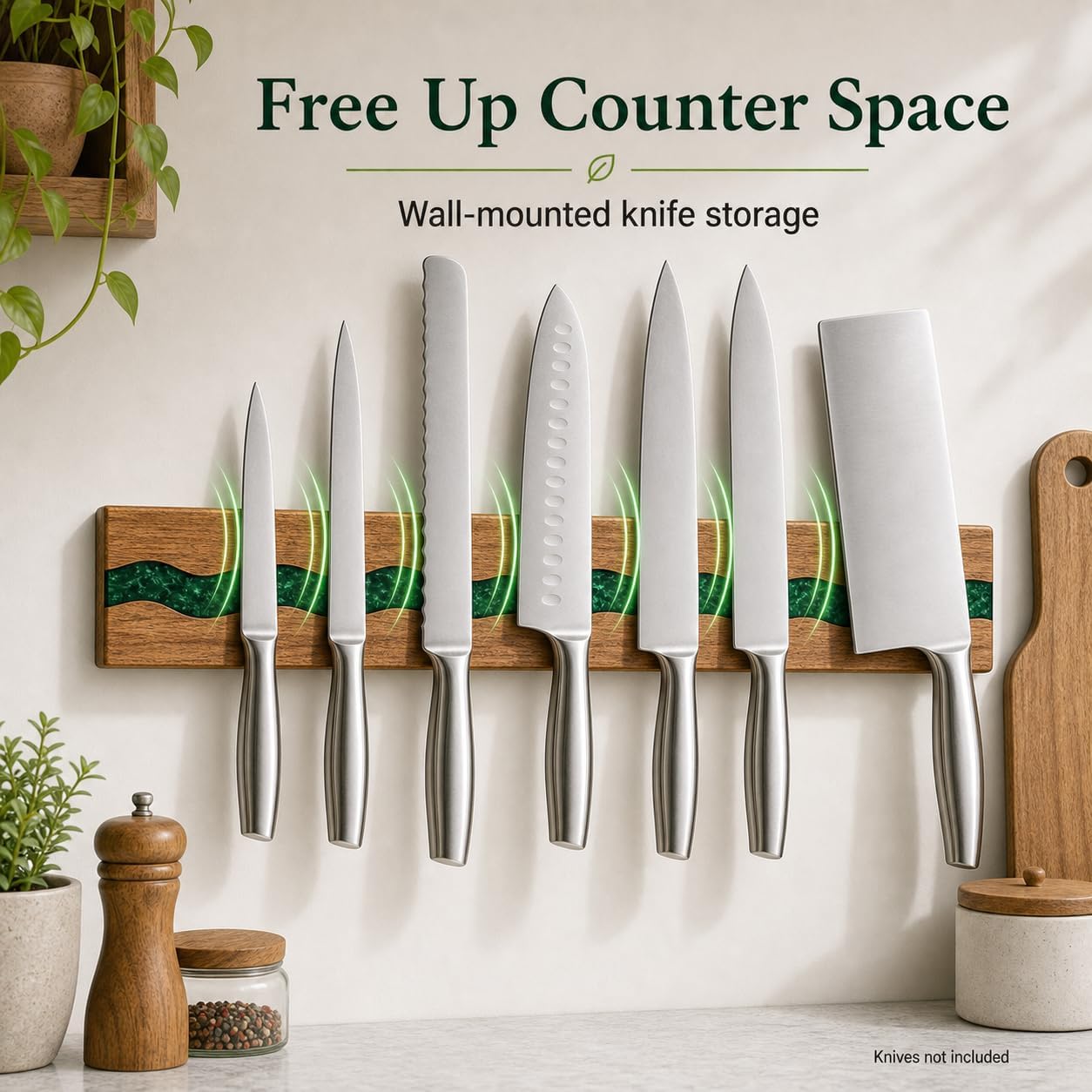 Magnetic Knife Holder, 15.7 Inch Walnut Wood and Resin Magnetic Knife Bar for Wall, Heavy Duty Magnet Holds 8 Knives, Handcrafted Deep Green (Emerald Enchant)