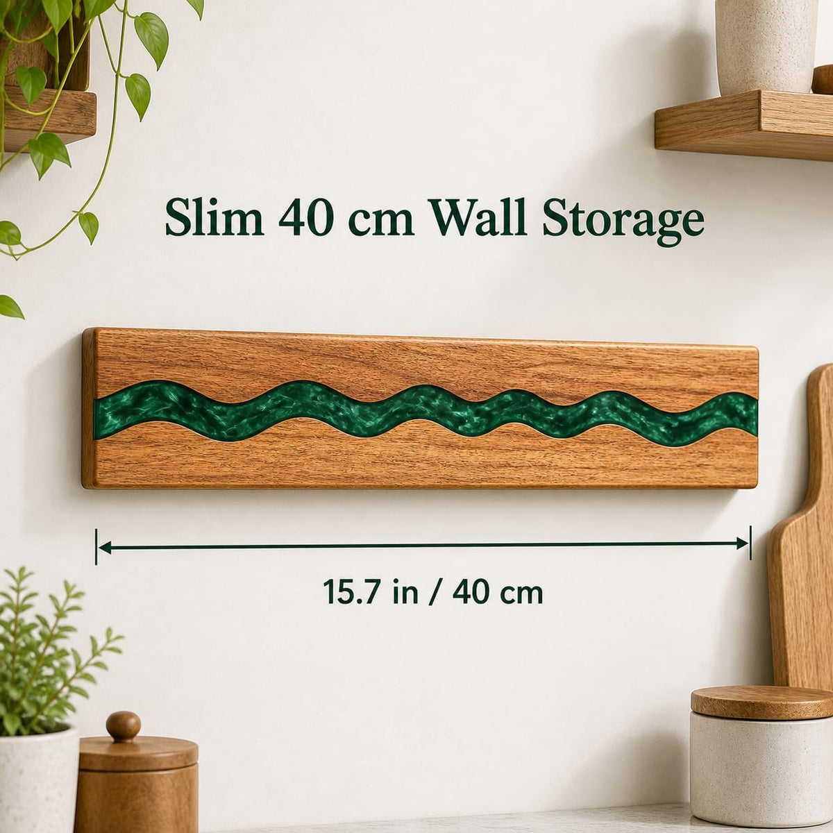 Magnetic Knife Holder, 15.7 Inch Walnut Wood and Resin Magnetic Knife Bar for Wall, Heavy Duty Magnet Holds 8 Knives, Handcrafted Deep Green (Emerald Enchant)
