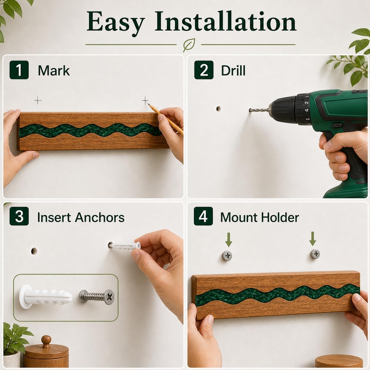 Magnetic Knife Holder, 15.7 Inch Walnut Wood and Resin Magnetic Knife Bar for Wall, Heavy Duty Magnet Holds 8 Knives, Handcrafted Deep Green (Emerald Enchant)