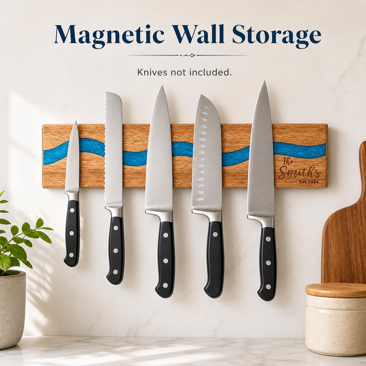 Magnetic Knife Holder, 15.7 Inch Walnut Wood and Resin Magnetic Knife Bar for Wall, Heavy Duty Magnet Holds 8 Knives, Handcrafted Deep Green (Emerald Enchant)