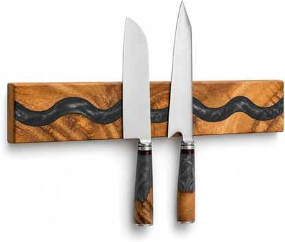 Magnetic Knife Holder, 15.7 Inch Walnut Wood and Resin Magnetic Knife Bar for Wall, Heavy Duty Magnet Holds 8 Knives, Handcrafted Deep Green (Emerald Enchant)