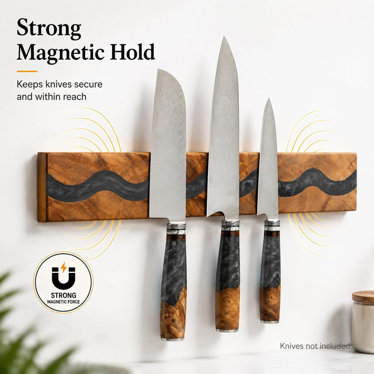 Magnetic Knife Holder, 15.7 Inch Walnut Wood and Resin Magnetic Knife Bar for Wall, Heavy Duty Magnet Holds 8 Knives, Handcrafted Deep Green (Emerald Enchant)