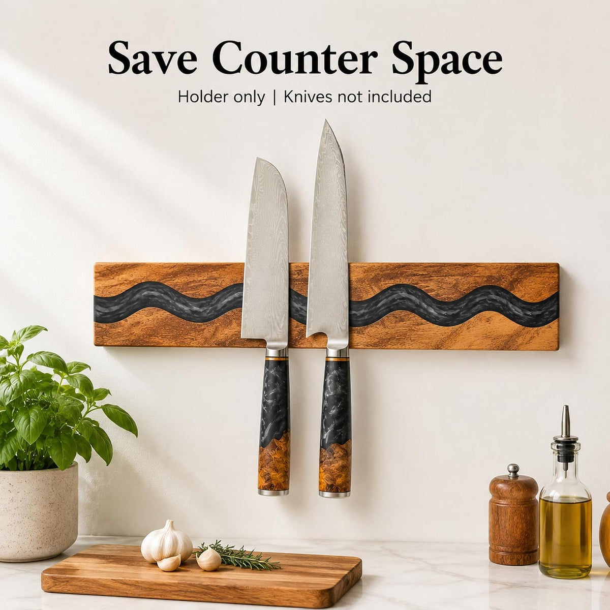 Magnetic Knife Holder, 15.7 Inch Walnut Wood and Resin Magnetic Knife Bar for Wall, Heavy Duty Magnet Holds 8 Knives, Handcrafted Deep Green (Emerald Enchant)