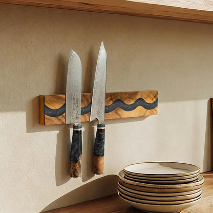 Magnetic Knife Holder, 15.7 Inch Walnut Wood and Resin Magnetic Knife Bar for Wall, Heavy Duty Magnet Holds 8 Knives, Handcrafted Deep Green (Emerald Enchant)