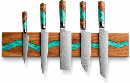 Magnetic Knife Holder, 15.7 Inch Walnut Wood and Resin Magnetic Knife Bar for Wall, Heavy Duty Magnet Holds 8 Knives, Handcrafted Deep Green (Emerald Enchant)