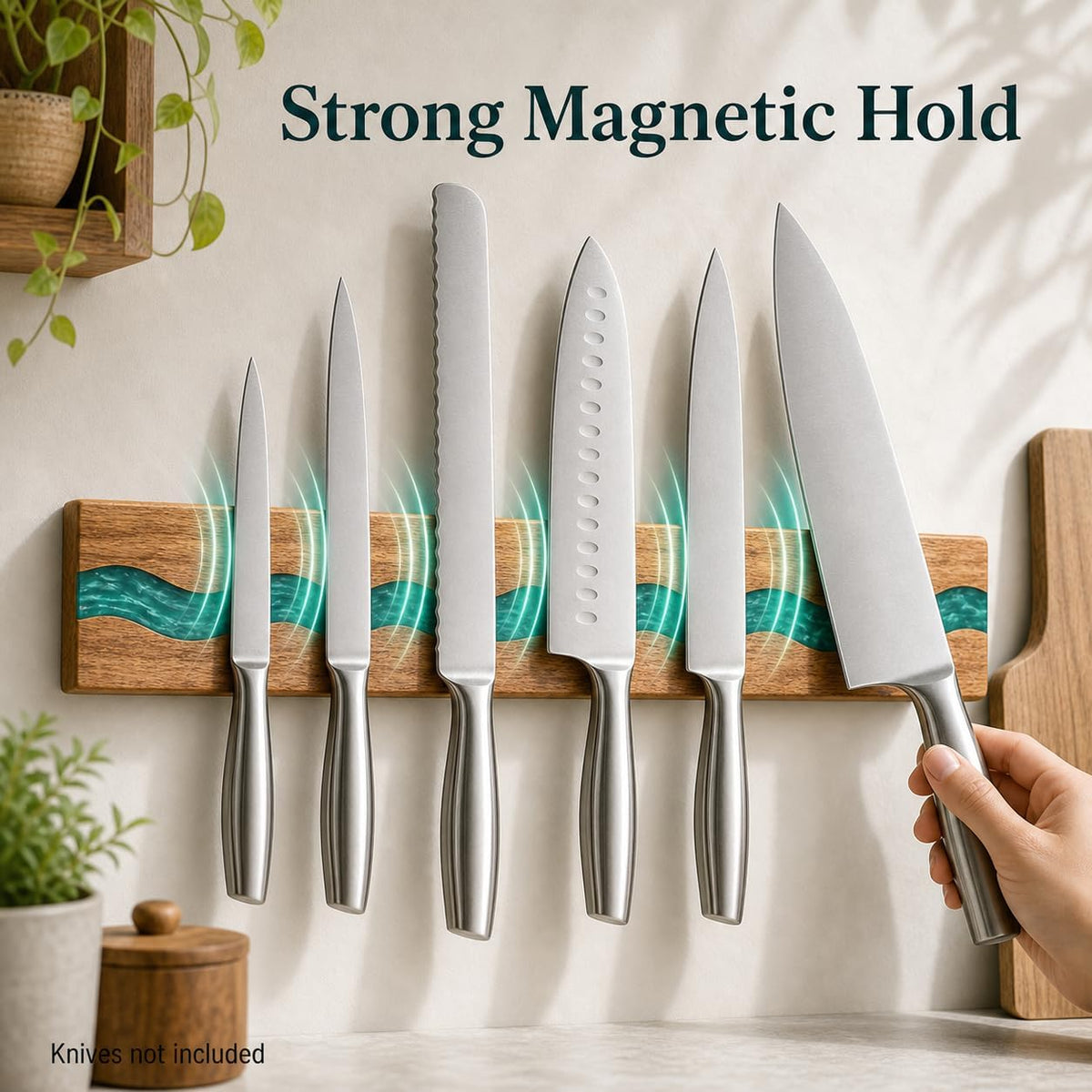 Magnetic Knife Holder, 15.7 Inch Walnut Wood and Resin Magnetic Knife Bar for Wall, Heavy Duty Magnet Holds 8 Knives, Handcrafted Deep Green (Emerald Enchant)