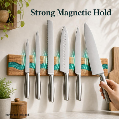 Magnetic Knife Holder, 15.7 Inch Walnut Wood and Resin Magnetic Knife Bar for Wall, Heavy Duty Magnet Holds 8 Knives, Handcrafted Deep Green (Emerald Enchant)