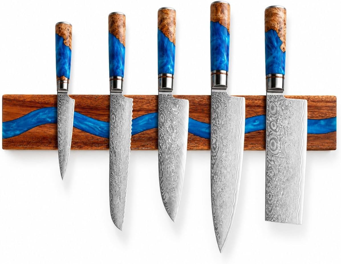 Magnetic Knife Holder, 15.7 Inch Walnut Wood and Resin Magnetic Knife Bar for Wall, Heavy Duty Magnet Holds 8 Knives, Handcrafted Deep Green (Emerald Enchant)