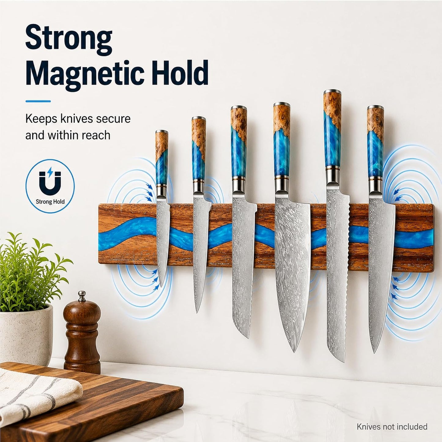 Magnetic Knife Holder, 15.7 Inch Walnut Wood and Resin Magnetic Knife Bar for Wall, Heavy Duty Magnet Holds 8 Knives, Handcrafted Deep Green (Emerald Enchant)