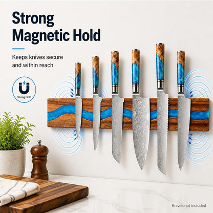 Magnetic Knife Holder, 15.7 Inch Walnut Wood and Resin Magnetic Knife Bar for Wall, Heavy Duty Magnet Holds 8 Knives, Handcrafted Deep Green (Emerald Enchant)