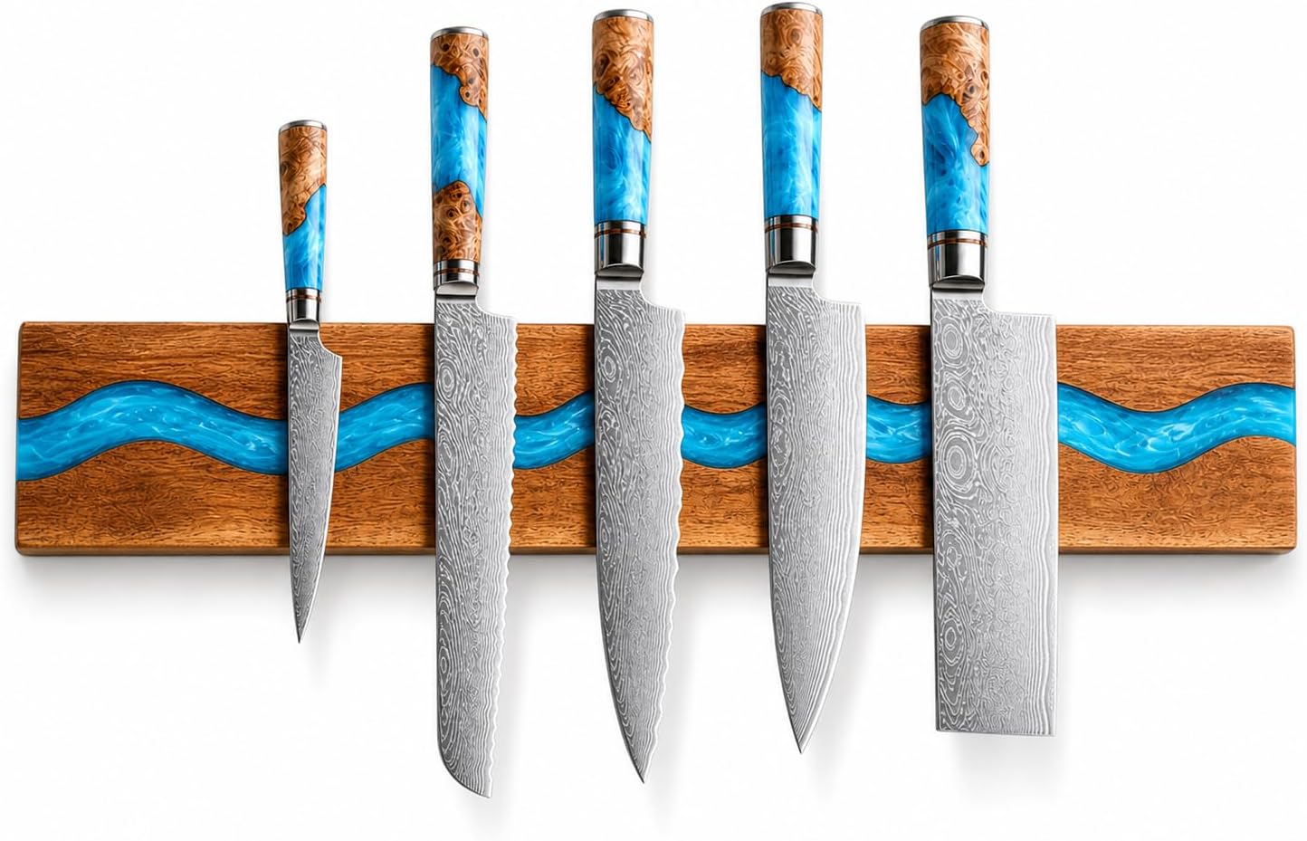 Magnetic Knife Holder, 15.7 Inch Walnut Wood and Resin Magnetic Knife Bar for Wall, Heavy Duty Magnet Holds 8 Knives, Handcrafted Deep Green (Emerald Enchant)