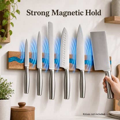Magnetic Knife Holder, 15.7 Inch Walnut Wood and Resin Magnetic Knife Bar for Wall, Heavy Duty Magnet Holds 8 Knives, Handcrafted Deep Green (Emerald Enchant)