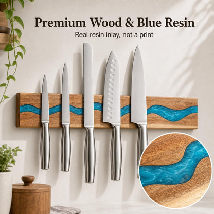 Magnetic Knife Holder, 15.7 Inch Walnut Wood and Resin Magnetic Knife Bar for Wall, Heavy Duty Magnet Holds 8 Knives, Handcrafted Deep Green (Emerald Enchant)