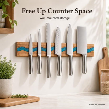 Magnetic Knife Holder, 15.7 Inch Walnut Wood and Resin Magnetic Knife Bar for Wall, Heavy Duty Magnet Holds 8 Knives, Handcrafted Deep Green (Emerald Enchant)